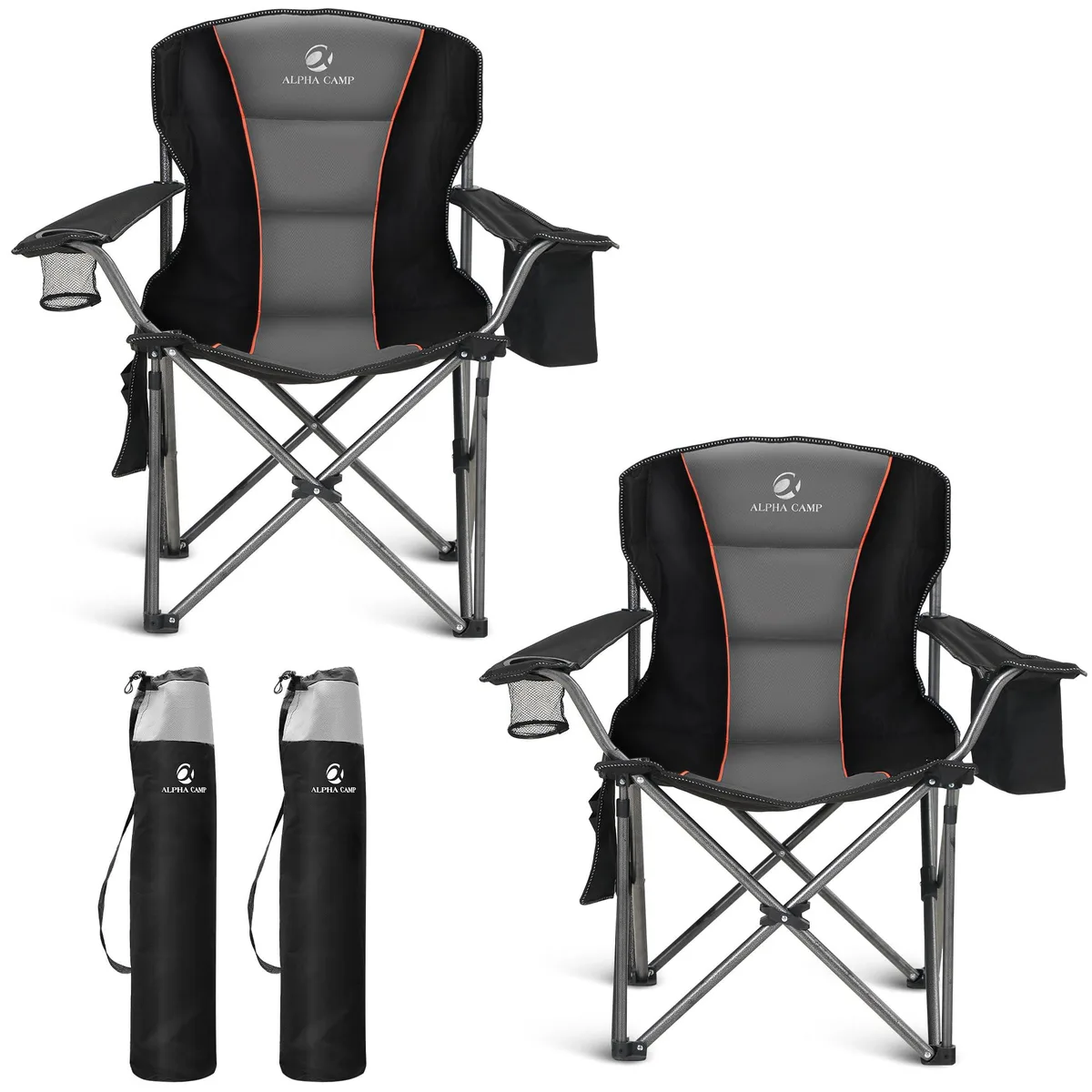 Two black folding camp chairs with padded seats, steel frames and carry bags
