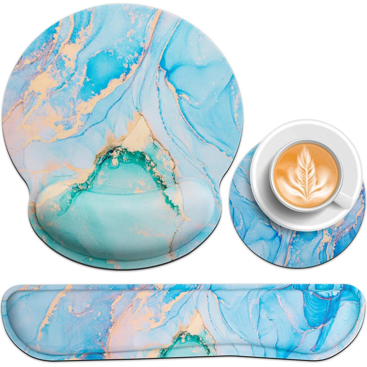 Keychron A08 jade blue marble mouse pad with matching wrist rest and coaster set