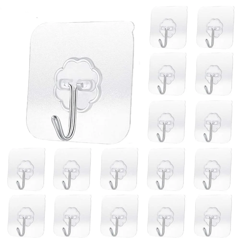 Fourteen clear square adhesive hooks on a backing sheet
