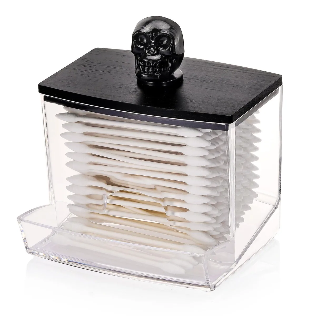 Clear cylindrical Qtip holder with black lid, 10oz capacity