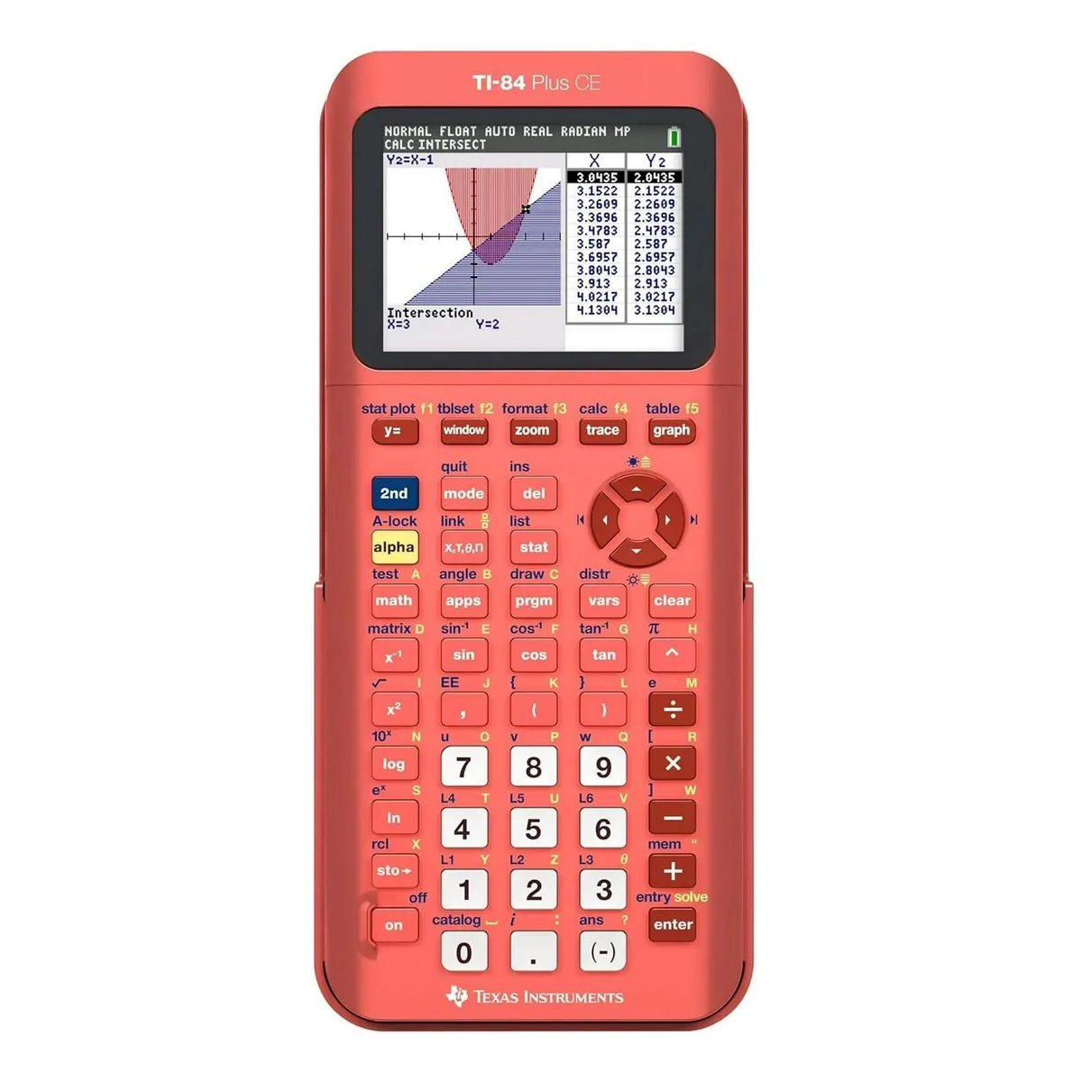 Texas Instruments TI-84 Plus CE graphing calculator in peach with slide-on hard case