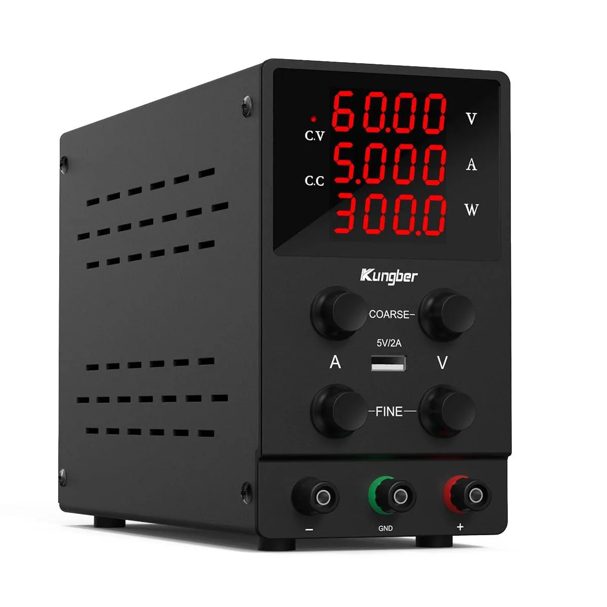 Black benchtop DC power supply with 4-digit LED display and adjustment knobs