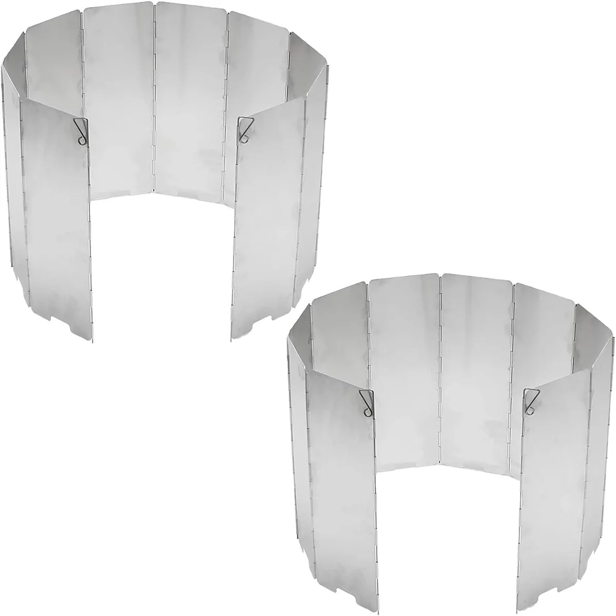 Two folded aluminium windscreen panels with hinged pins and ventilation grooves, silver finish