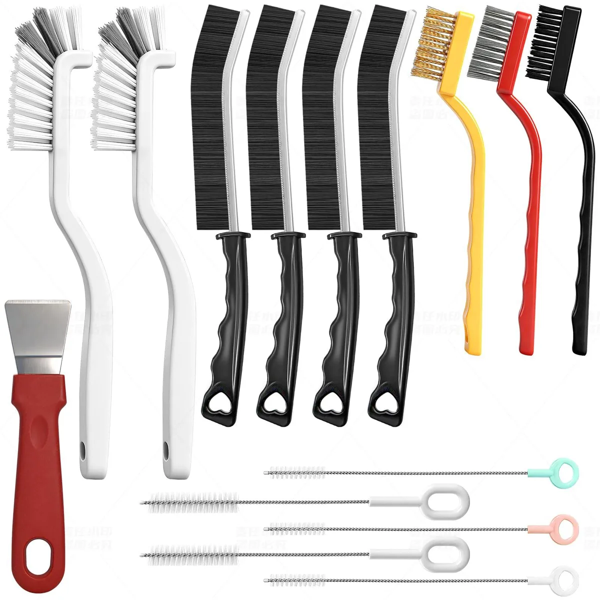 15-piece cleaning brush set with assorted bristle types and scraper, compact boxed kit