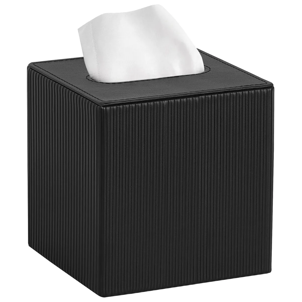 Black square tissue box cover in PU leather with velvet interior, 5.5 by 5.6 inches