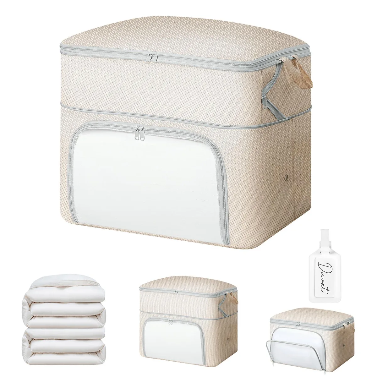 Beige nylon compression bag with clear PVC front window and zipper, 110L capacity