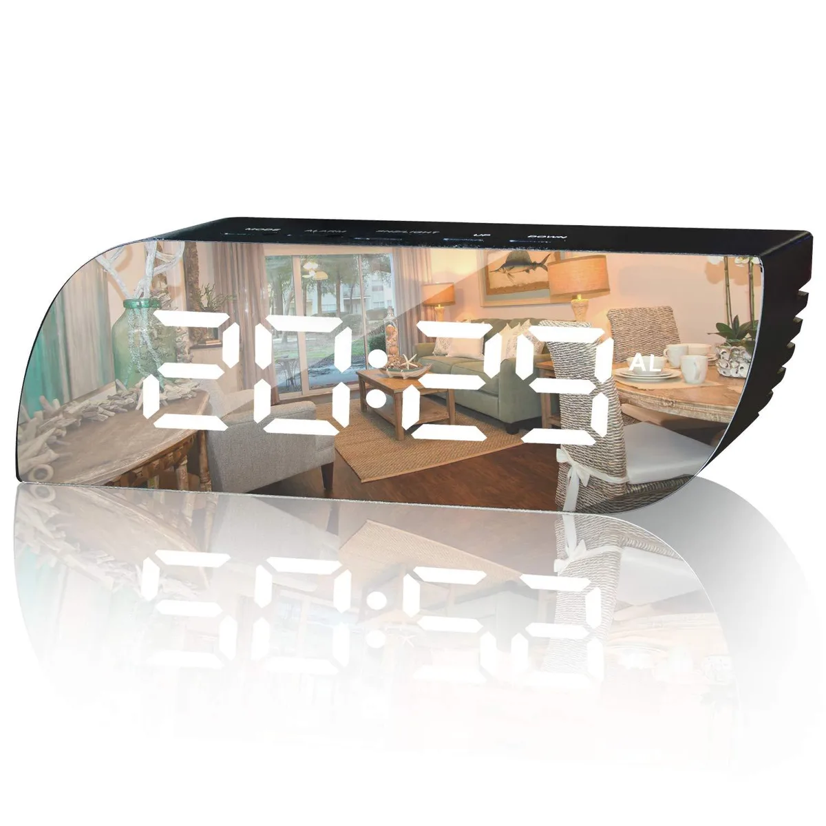 Black rectangular digital alarm clock with mirror surface, 5.9 by 2.8 by 1.9 inches