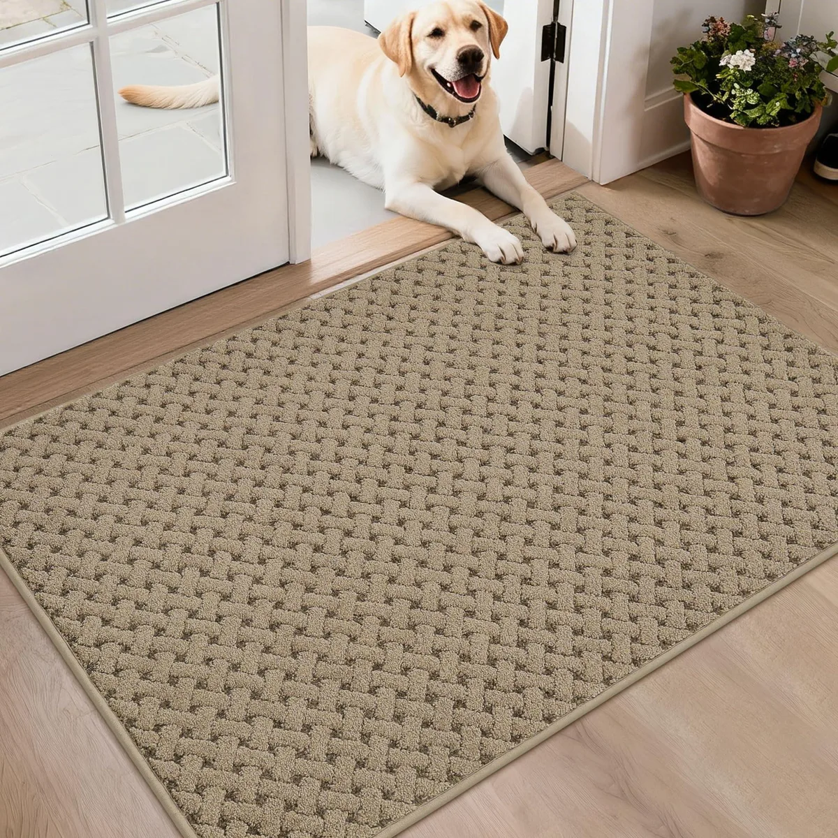Beige rectangular door mat, low-profile woven texture, non-slip backing, 32 by 48 inches