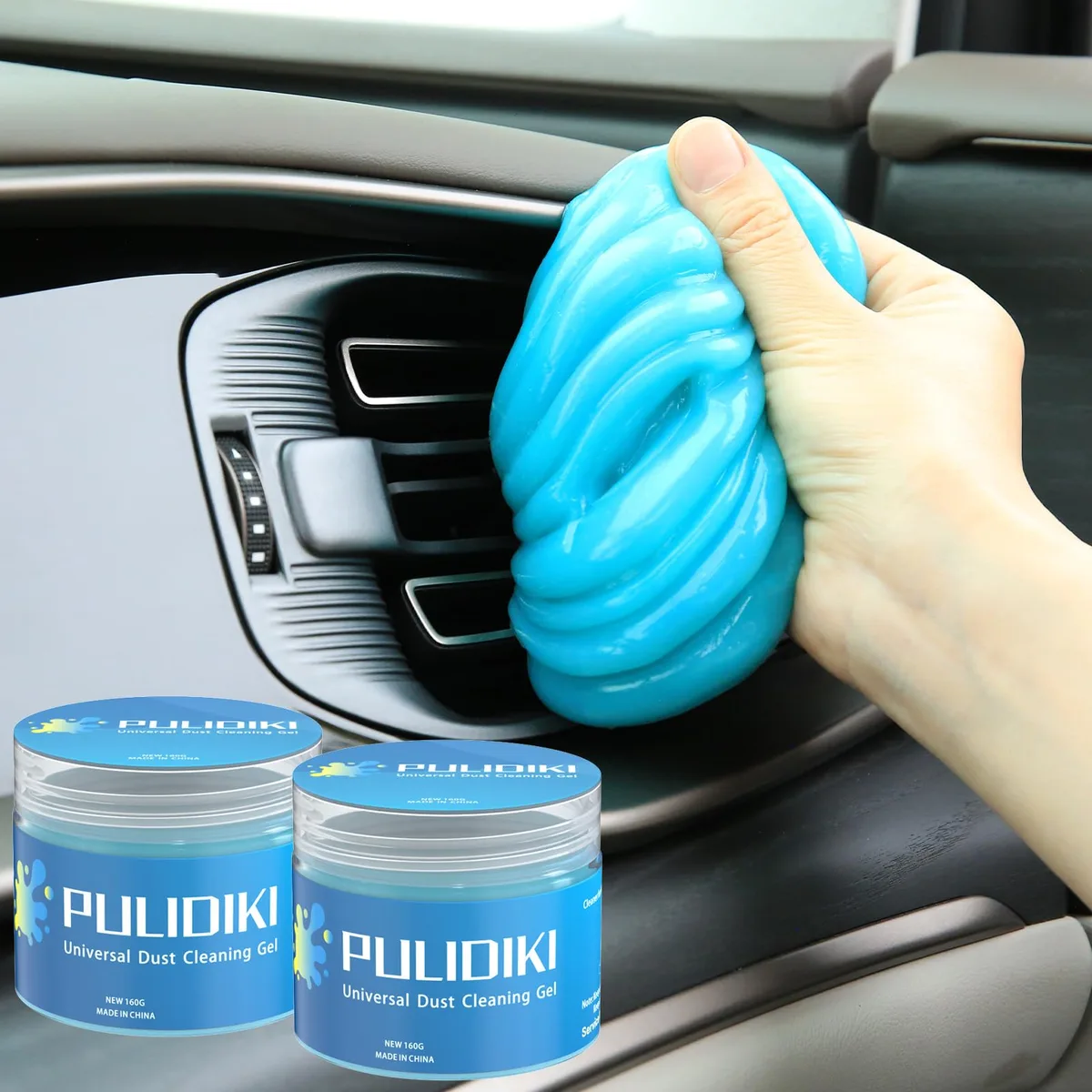 Two blue cleaning gel pots, 2.62 by 2.62 by 2.1 inches each