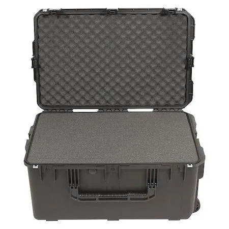 Black rectangular protective case with folding handle and two wheels