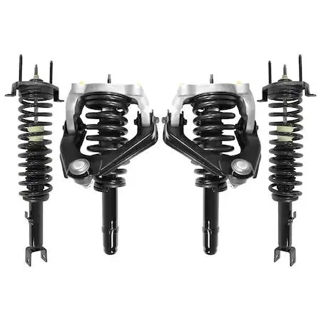 Four silver strut assemblies with black coil springs and mounts arranged on a light background