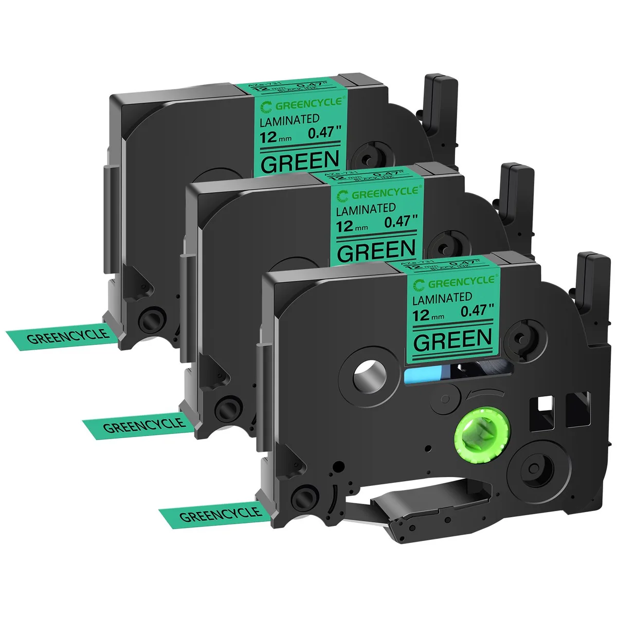 GREENCYCLE GREENCYCLE TZe-731 12mm Black on Green Laminated Label Tape 3 Pack — product photo