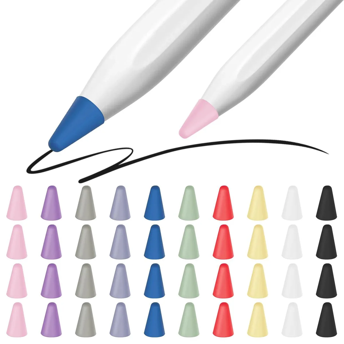 Forty silicone Apple Pencil tip covers in ten colours