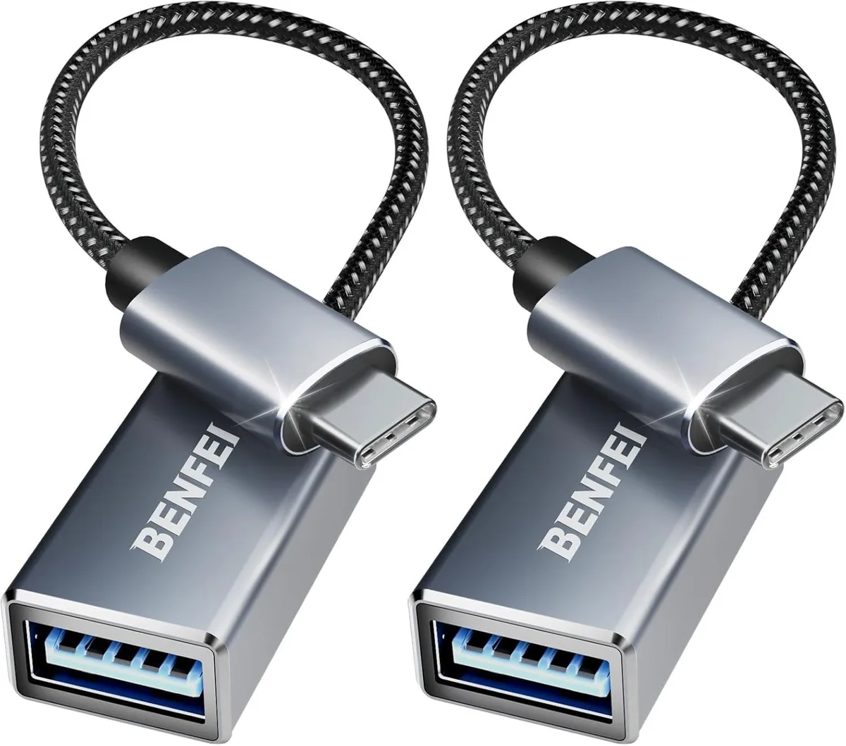 Two small grey USB-C to USB-A adapters with braided cables and aluminium casings