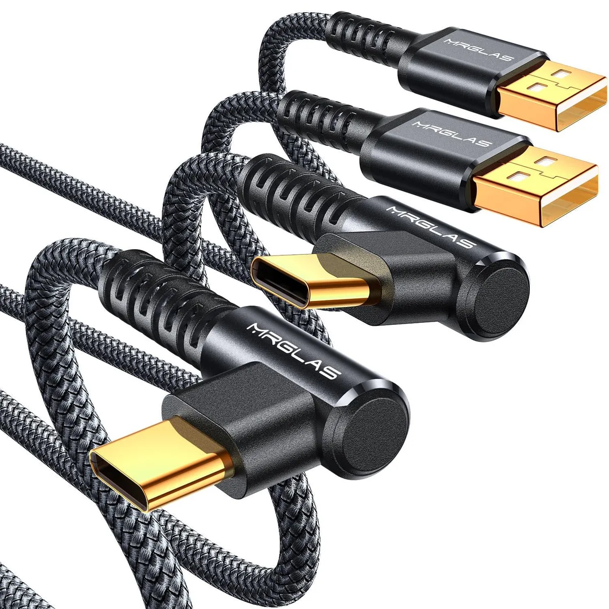 Two black braided USB-A to USB-C right-angle cables, 6.6ft each