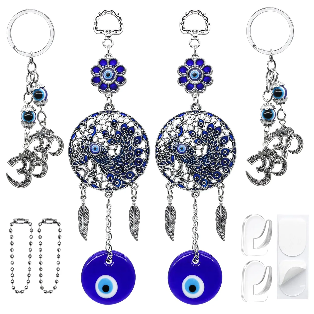 Set of ten blue glass and zinc alloy charms with peacock and OM symbols, chains and adhesive hooks