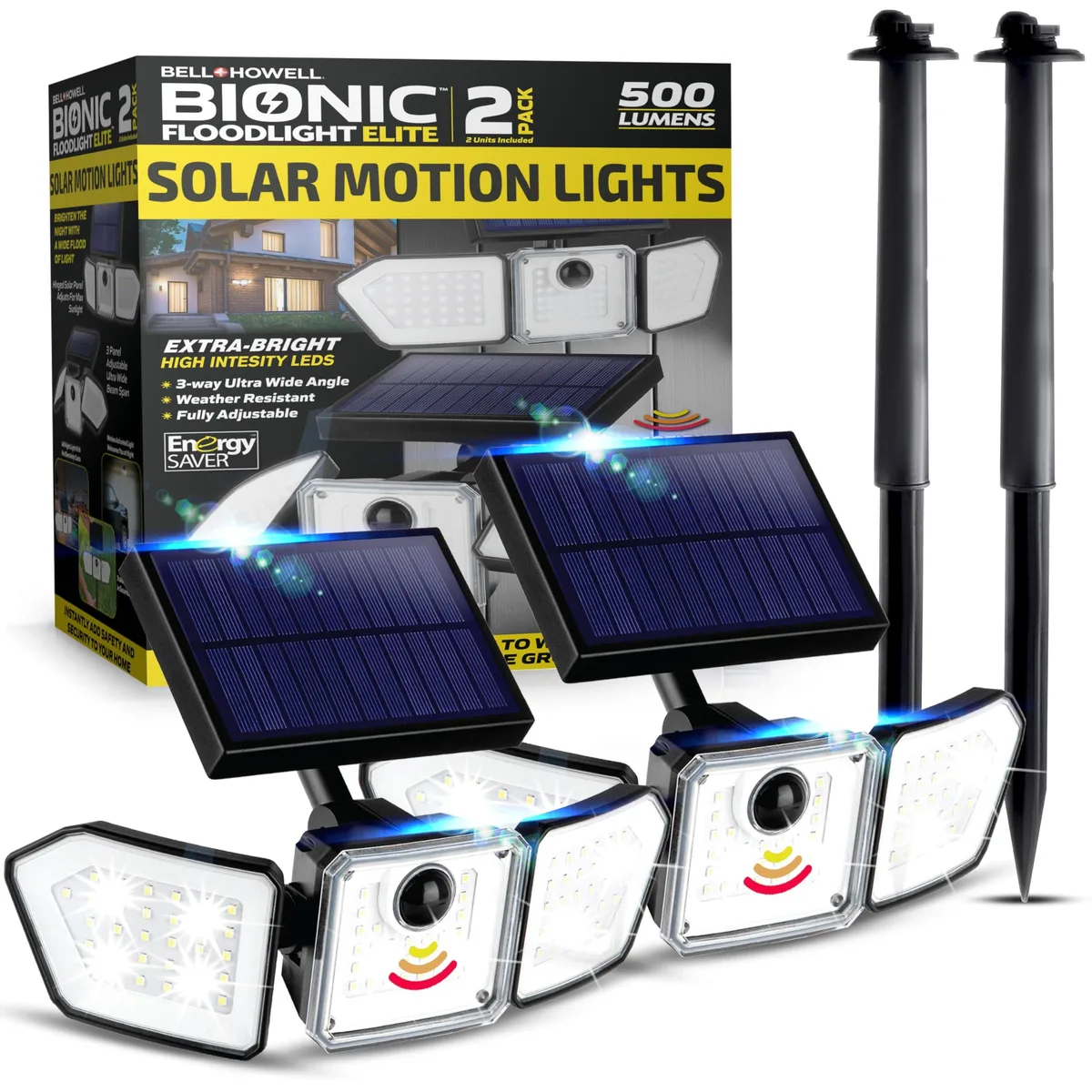 Two white acrylic solar flood lights with three adjustable LED panels each