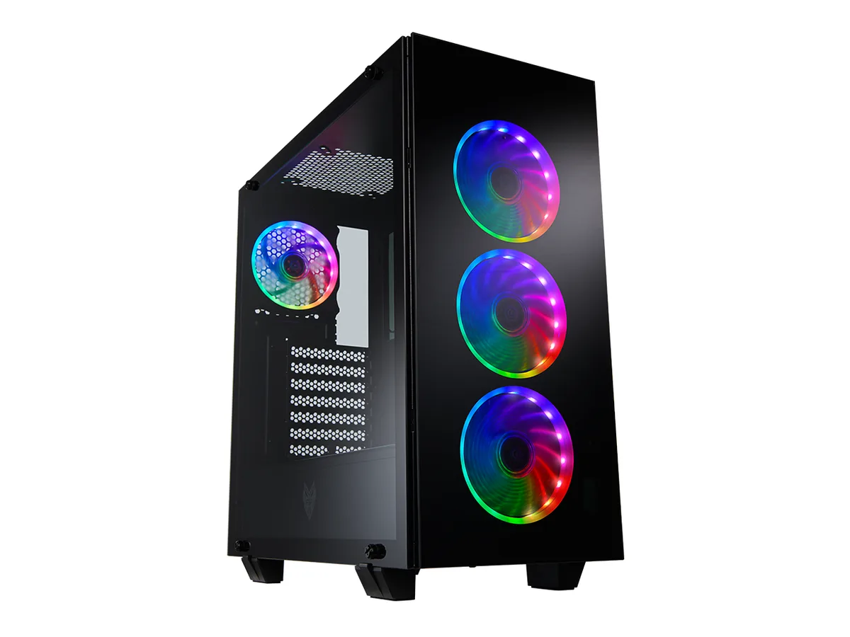 Black mid-tower case with three dark semi-transparent tempered glass panels and four ARGB fans visible