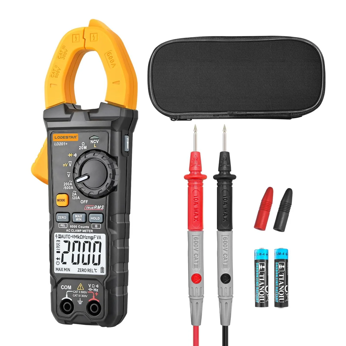 aFe Power LD201+ digital clamp meter with 30mm jaw, LCD display, test leads and storage bag
