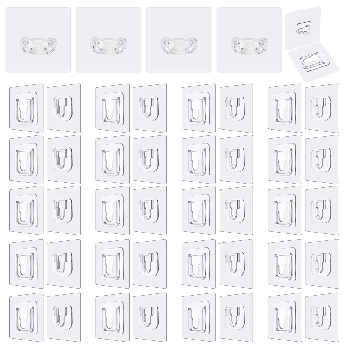 A pack of twenty-four double-sided adhesive hooks in white PVC finish