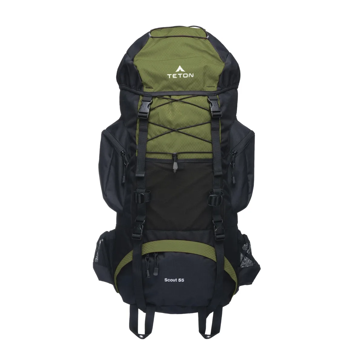 Olive 55L internal frame backpack with diamond ripstop fabric and rain cover