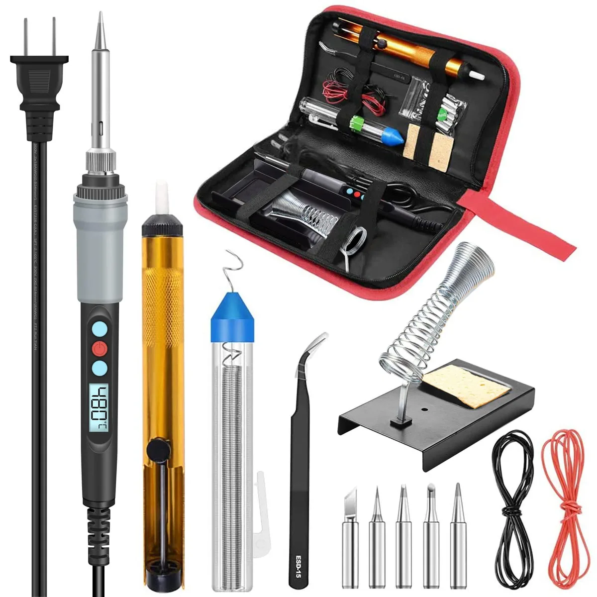 13-piece soldering kit with adjustable iron 180-480°C, stand, pump, tips in bag