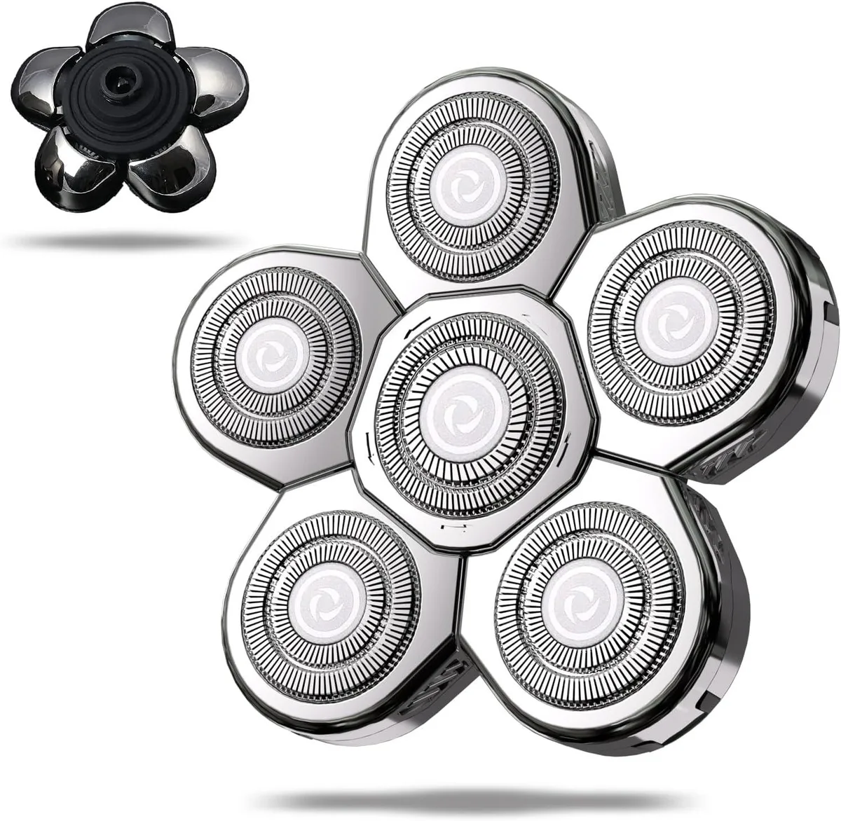 Silver rotary shaver head with seven floating double-ring blades arranged in a circle