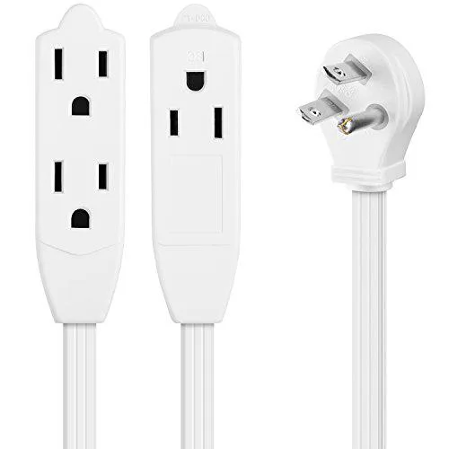White 12-inch extension cord with 360-degree rotating flat plug and three-prong outlet