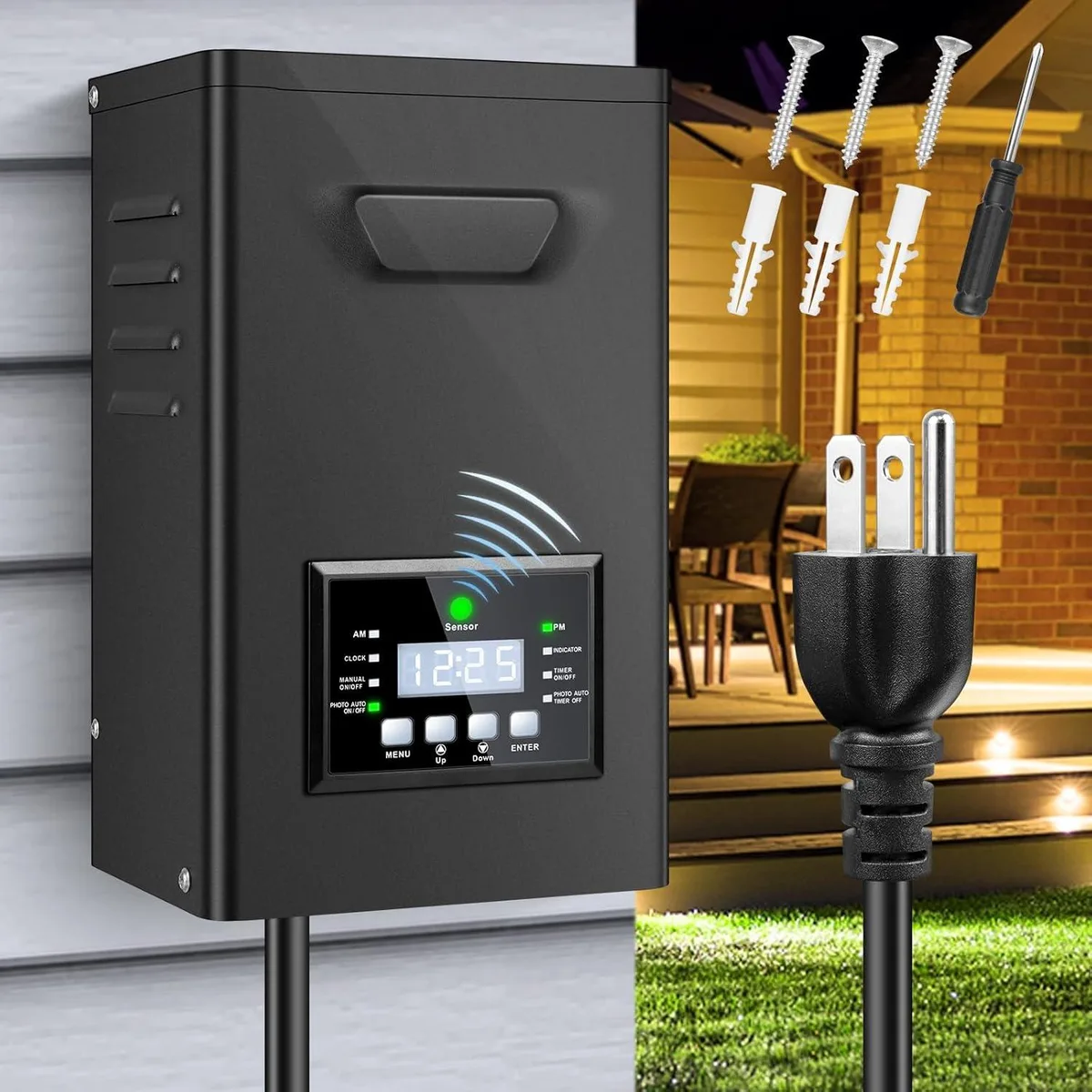 Rectangular weatherproof transformer unit with timer controls and photocell sensor on front panel