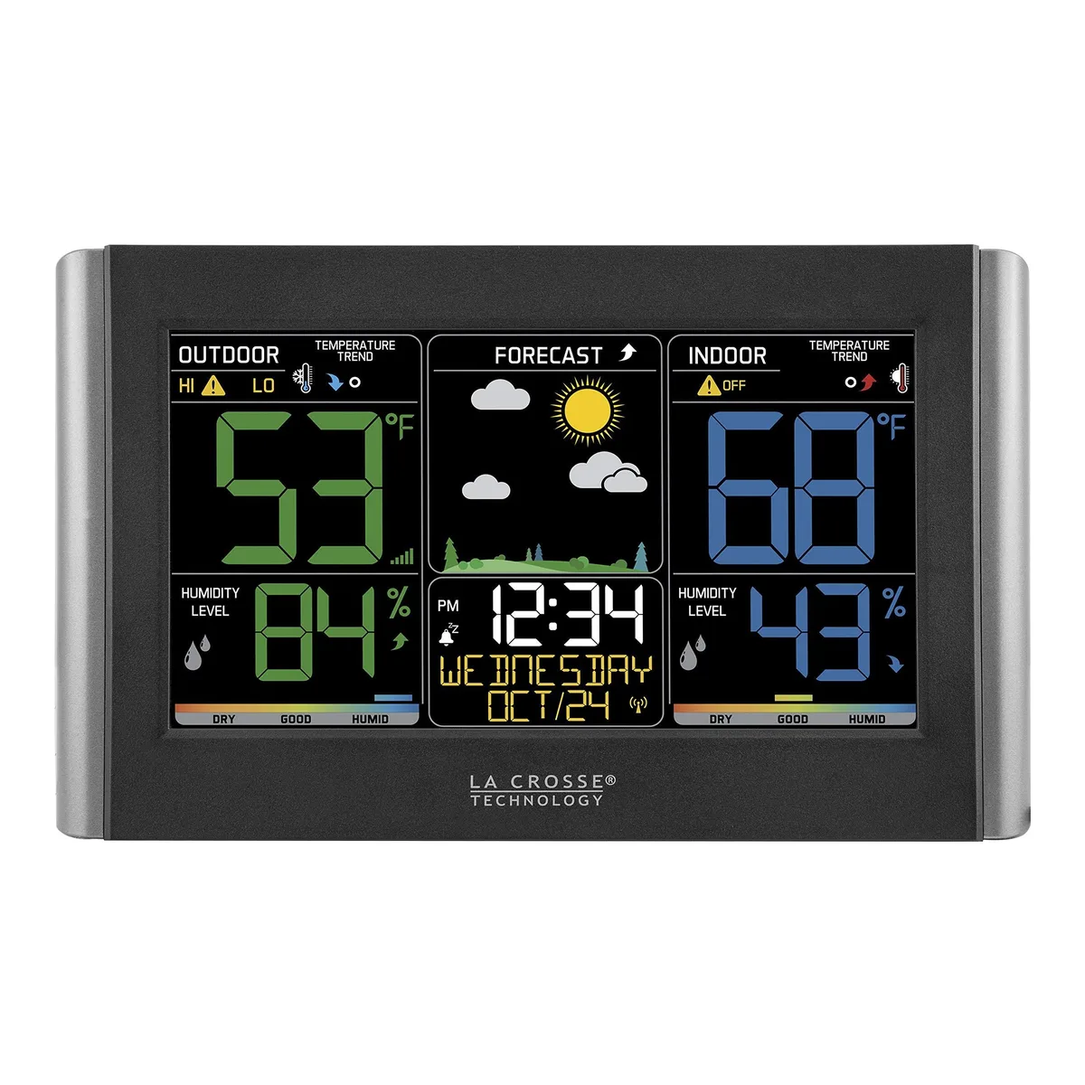 White rectangular weather station with large display and wireless sensor