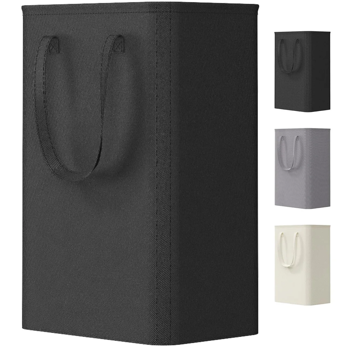 Tall black fabric hamper with metal frame, two long handles, side handle, collapses flat