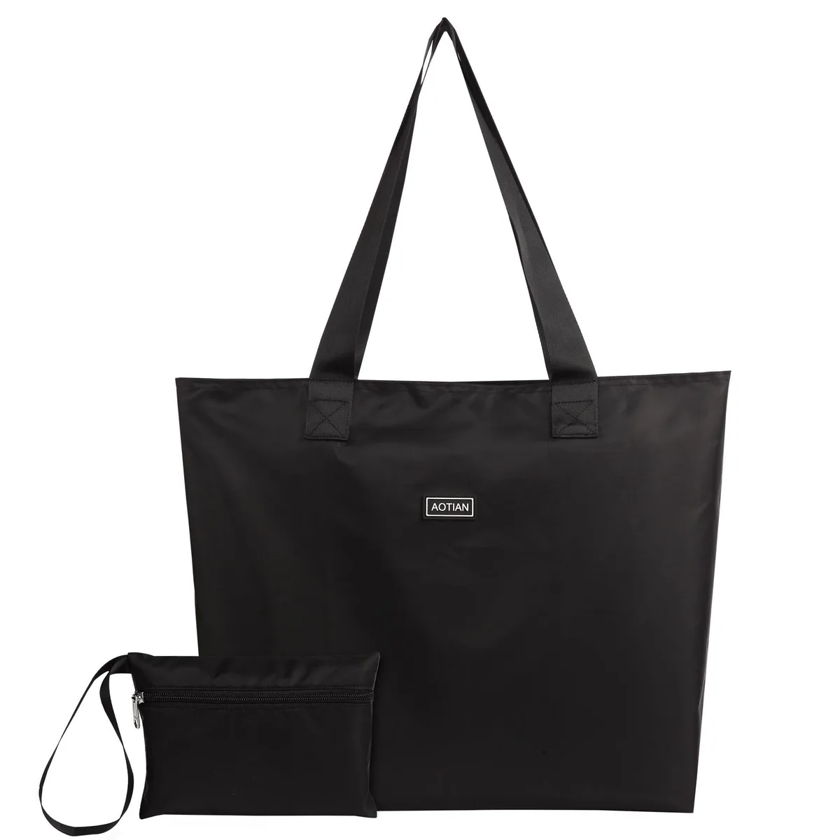 Beige foldable tote bag with zip closure and detachable pouch, shown unfolded with handles visible