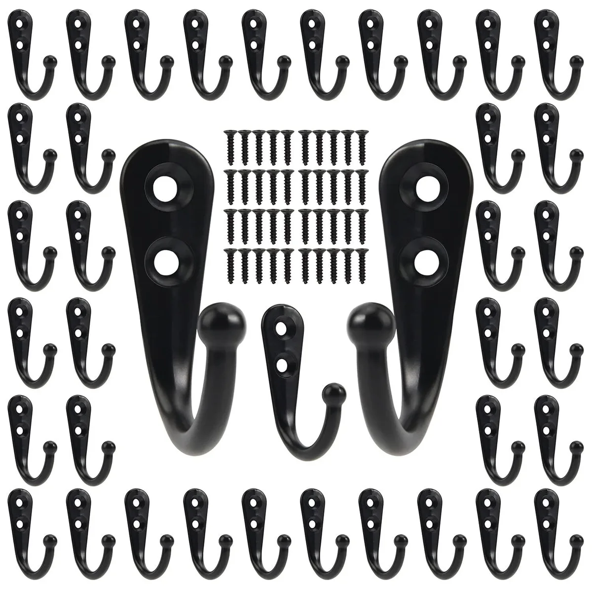 Forty small black single-prong hooks with eighty screws