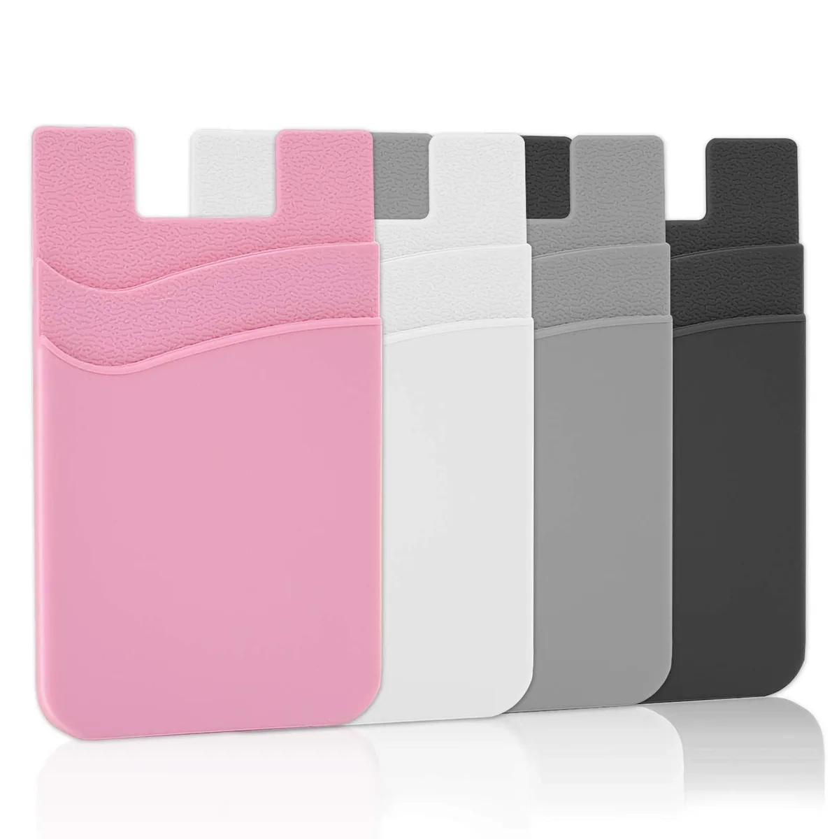 Four black silicone phone wallets with double pockets and adhesive backing