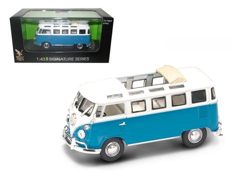 ROAD SIGNATURE ROAD SIGNATURE 1962 Volkswagen Microbus Van Open Roof Blue White 1/43 Diecast — product photo