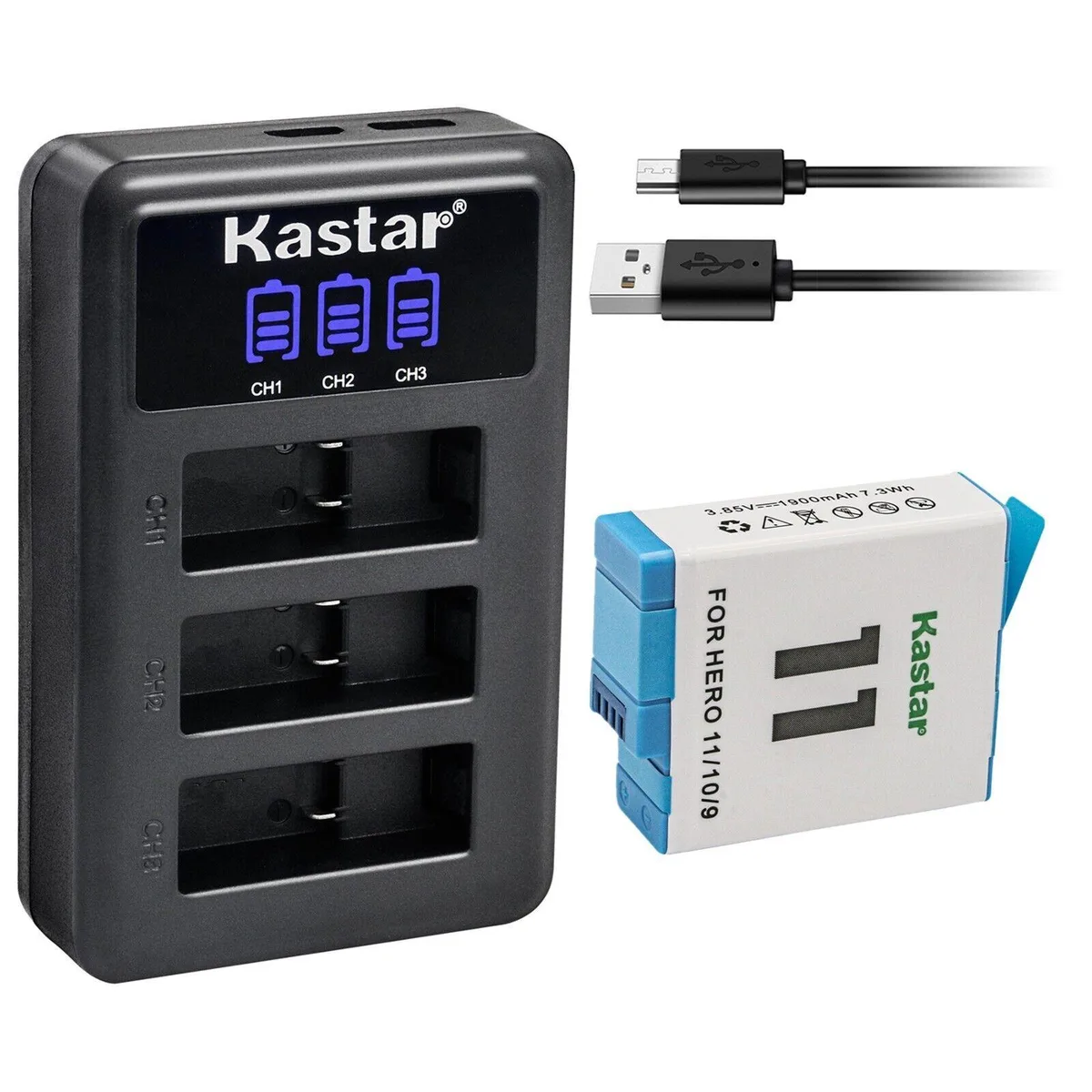 Kastar Kastar CH-LED3-1B-GOPRO11 Battery &amp; LCD Triple Charger HERO11/10/9 1900mAh 7.3Wh — product photo