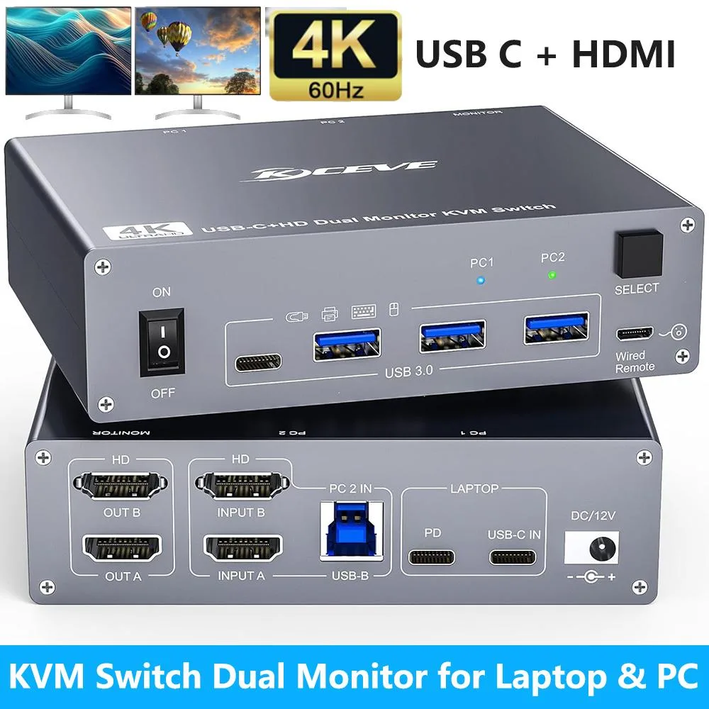 IHDAPP IHDAPP USB-C HDMI KVM Switch 2 PC 2 Monitors 4K 60Hz 60W Charging Wired Remote — product photo