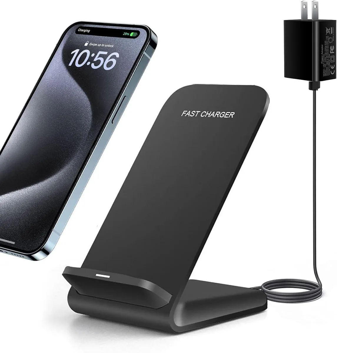 White upright wireless charging stand with phone resting vertically