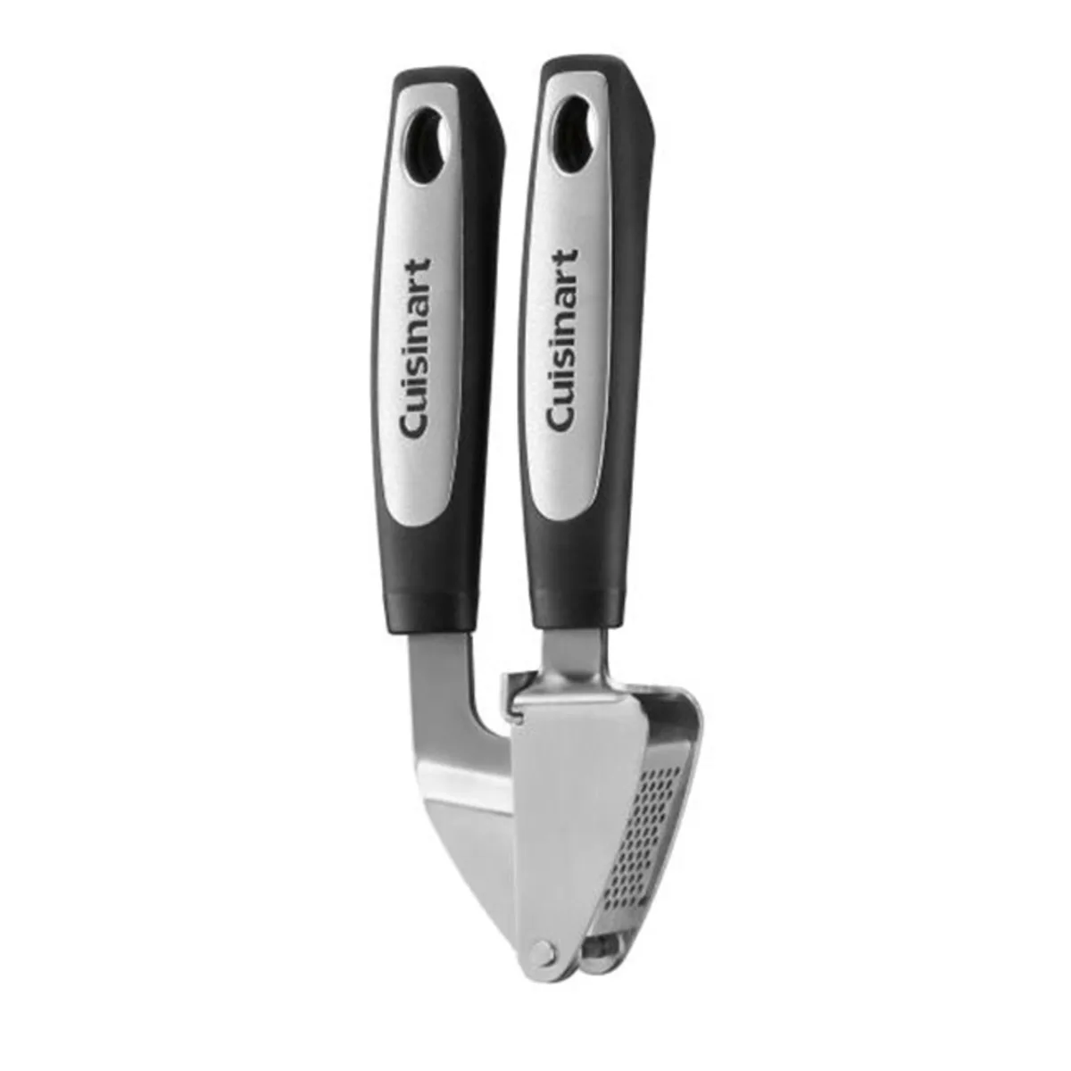 Stainless steel garlic press with soft-grip handles and swing-out basket