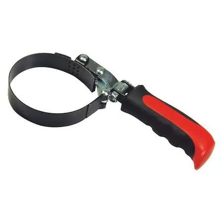 Adjustable oil filter wrench with black and red alloy steel handle and spring steel strap