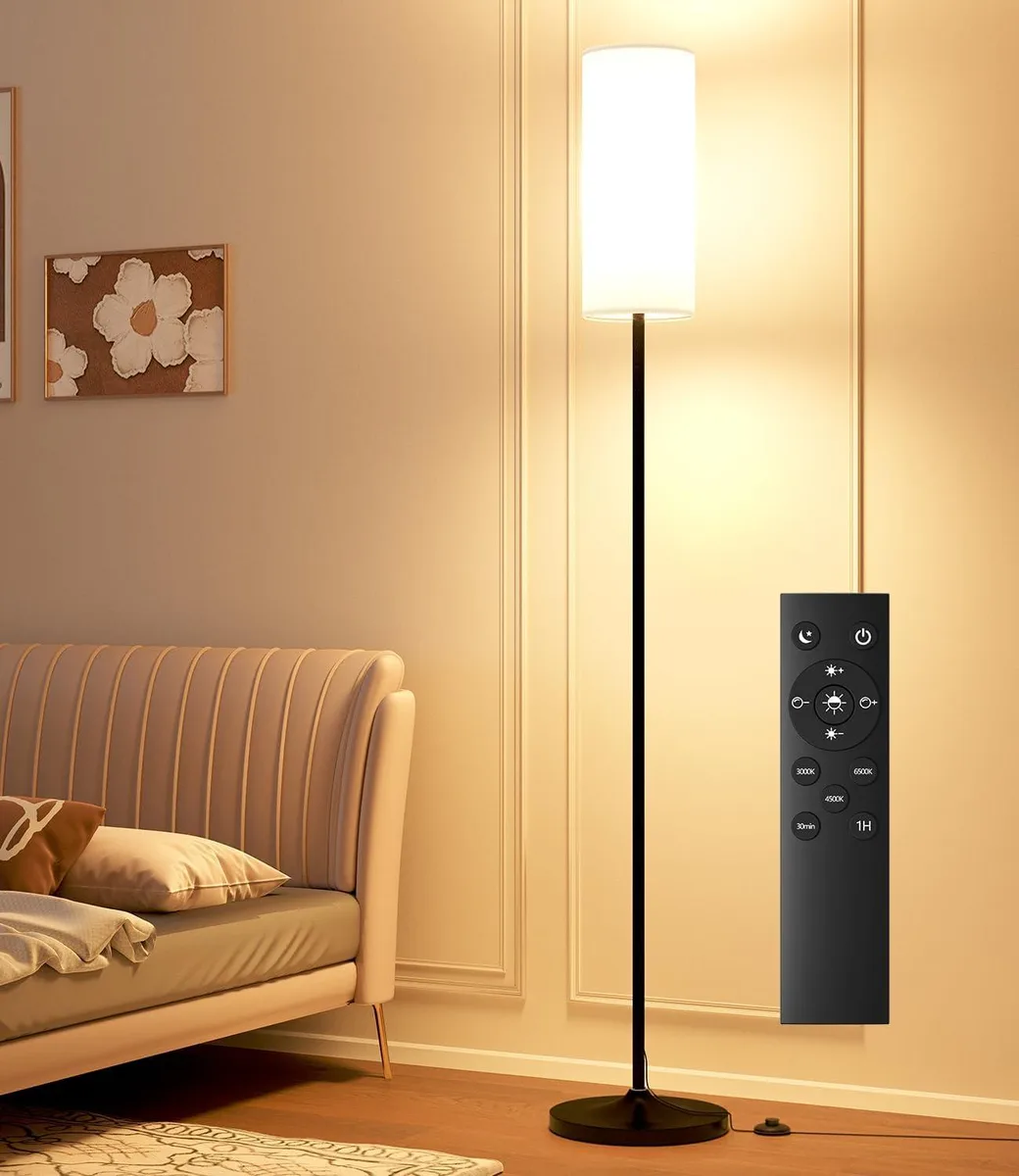 Tall black pole floor lamp with linen shade, remote and foot switch