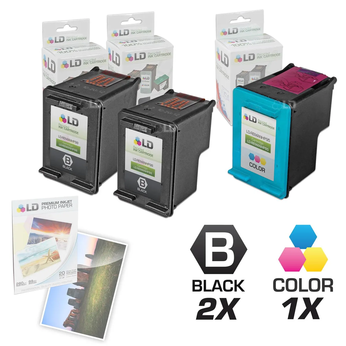 LD Products LD Products HP 95/98 Ink Cartridge 3-Pack (2 Black, 1 Color) + 20 Photo Paper — product photo