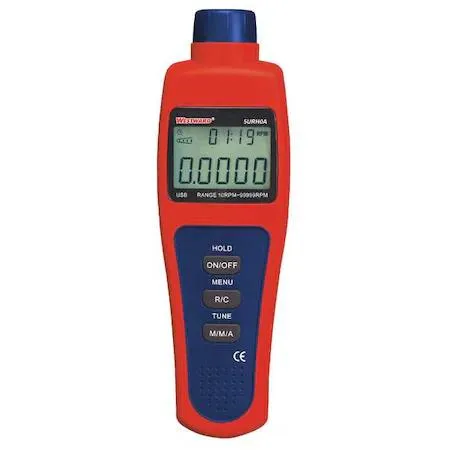 Handheld digital tachometer with LCD screen and reflective tape