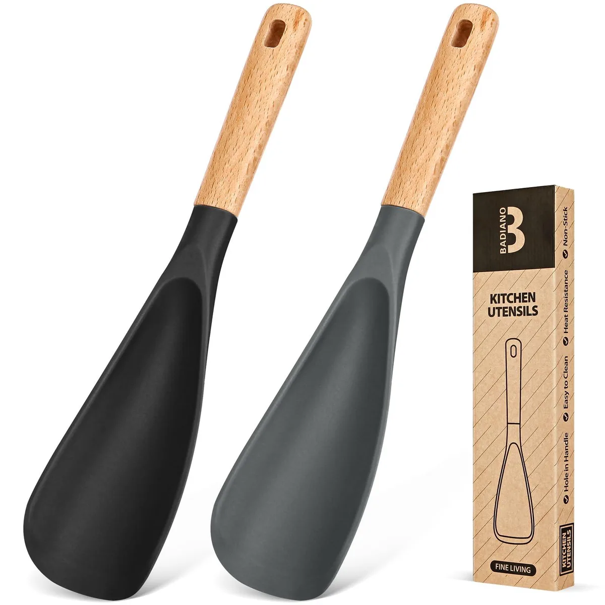 Two matte silicone spoons with wooden handles, black and grey, 11.4 inch, integrated tool rest
