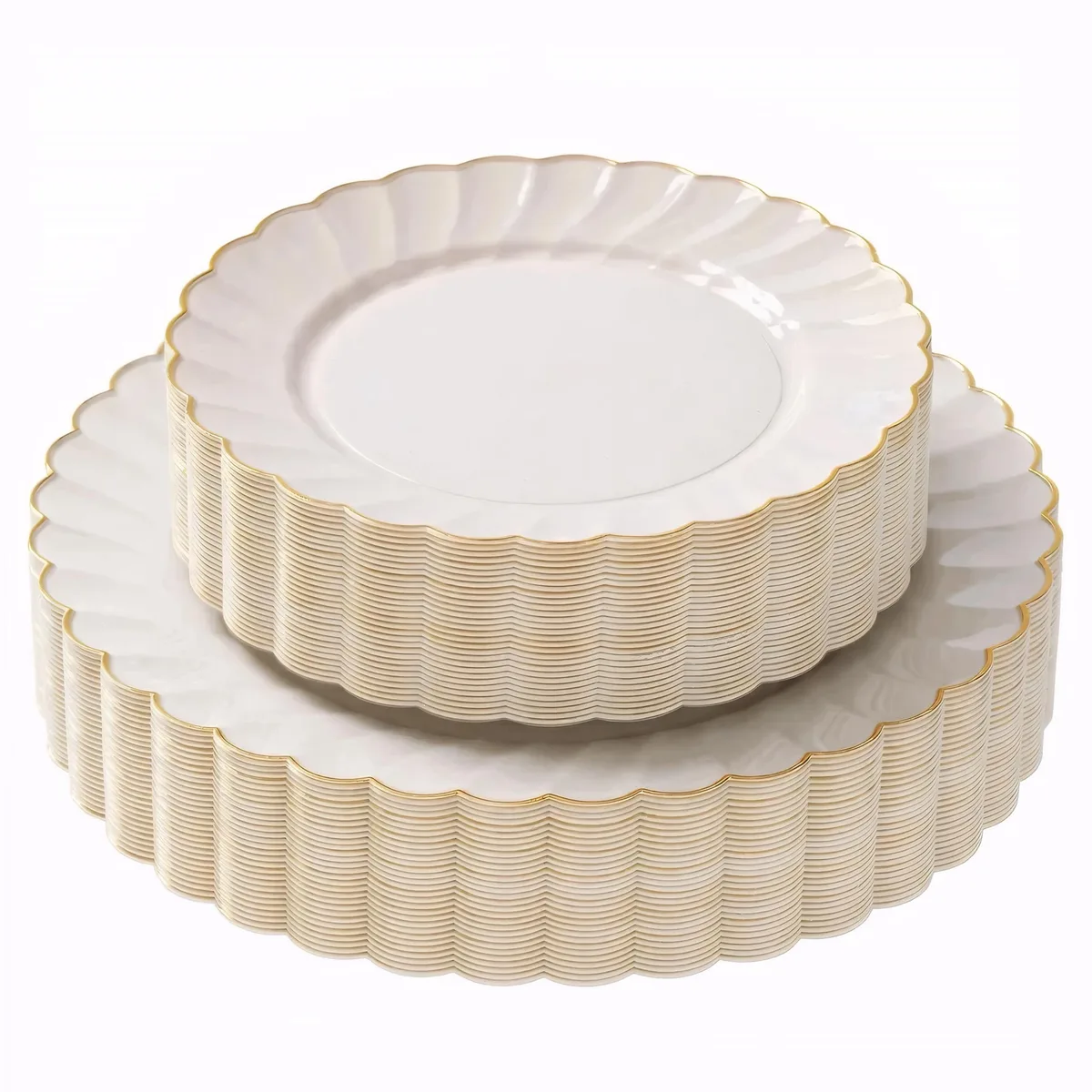Ivory square plates with gold scalloped rims, 60 pieces