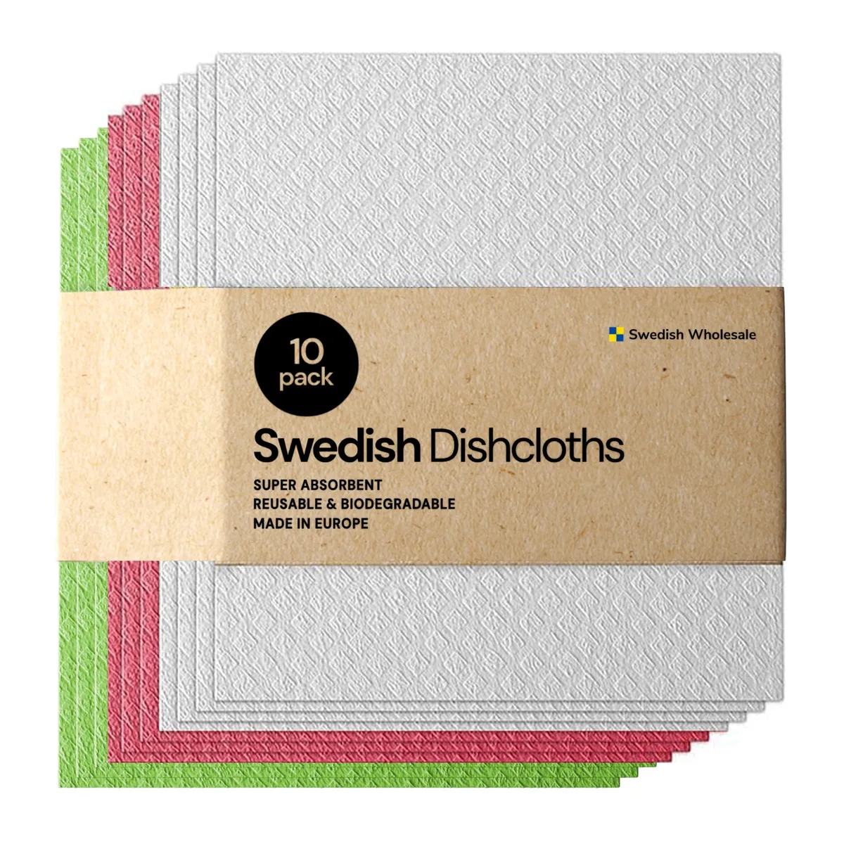 Stack of ten rectangular sponge cloths in assorted colours, each 8 by 7 inches