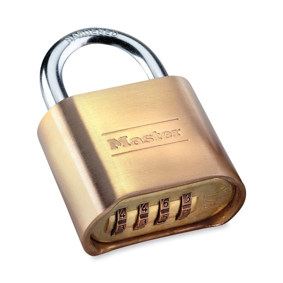 Brass combination padlock with four-digit dial on bottom, hardened steel shackle, resettable via change key