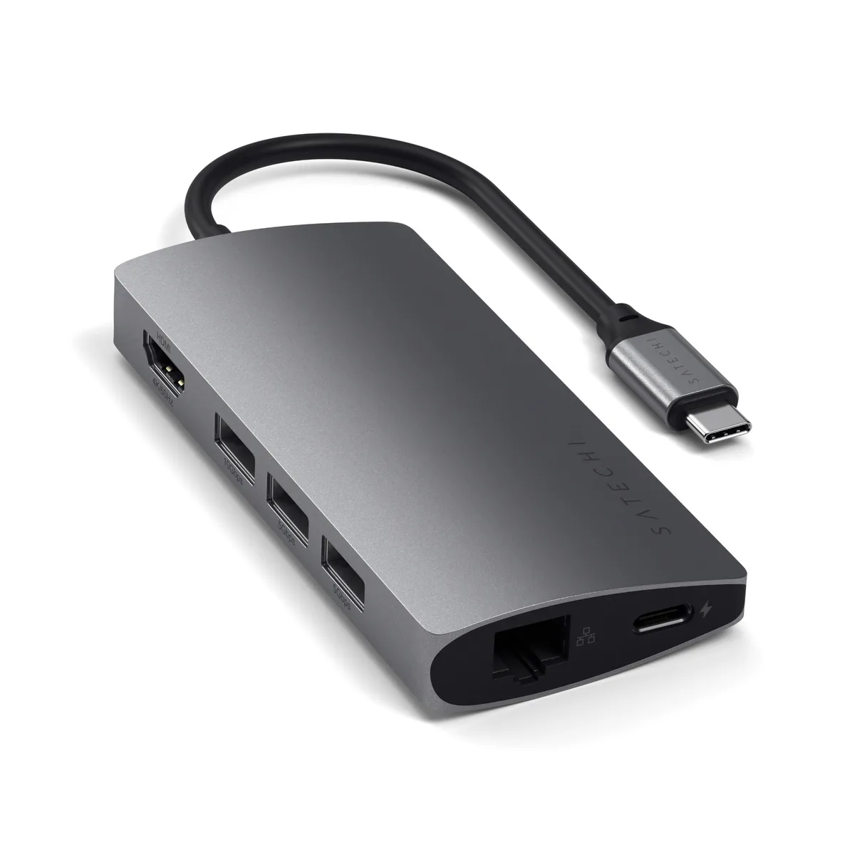 Space Gray aluminum 8-in-1 USB-C hub with HDMI, Ethernet, three USB-A ports and card readers