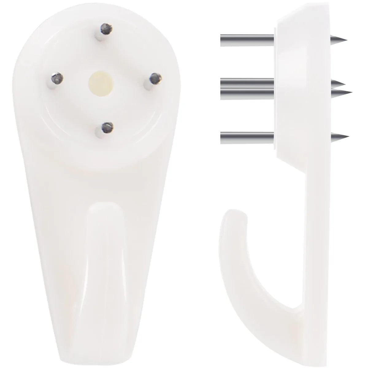 White plastic box containing 50 small clear wall hooks with metal pins