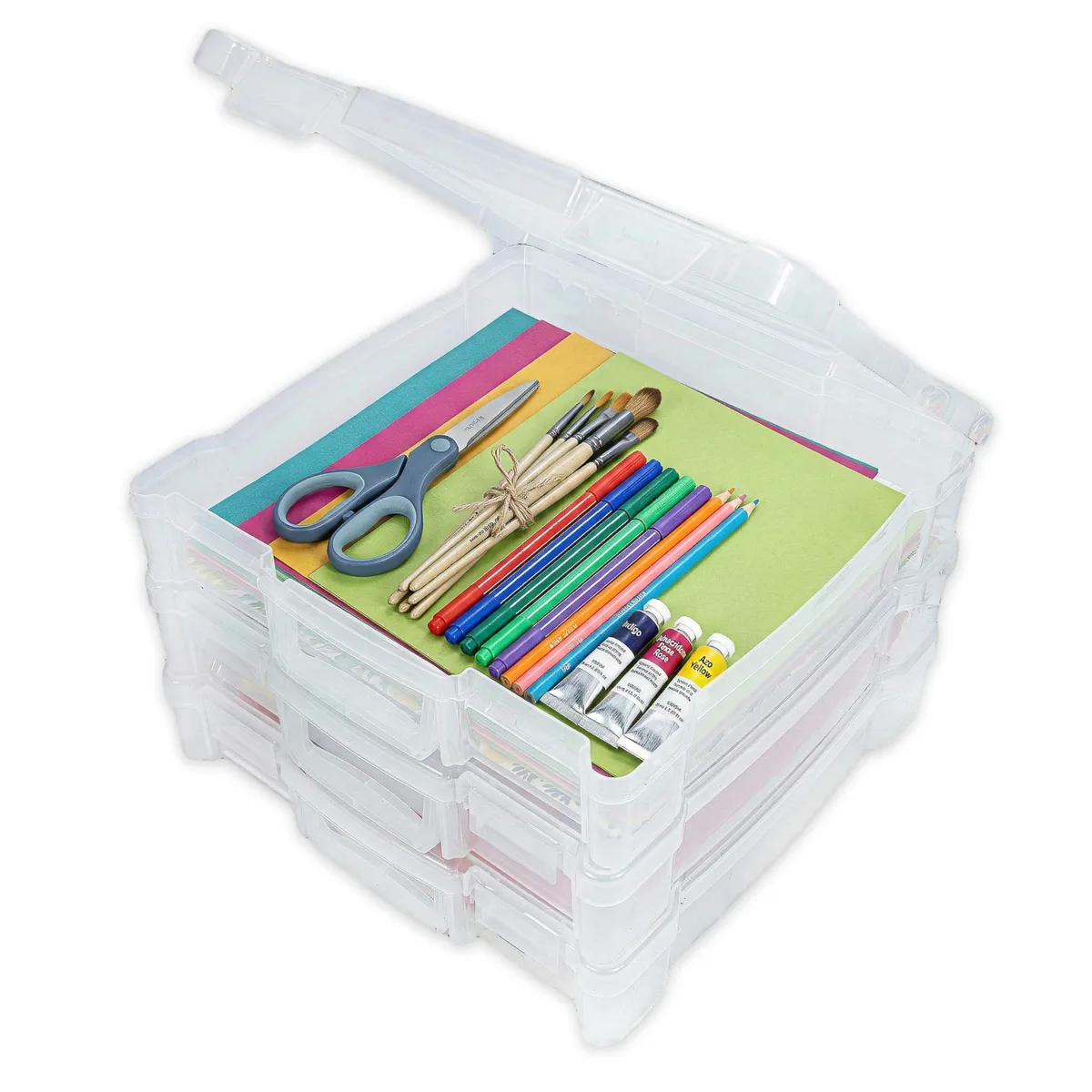 Three clear rectangular plastic boxes with snap closures and carry handles, stacked together